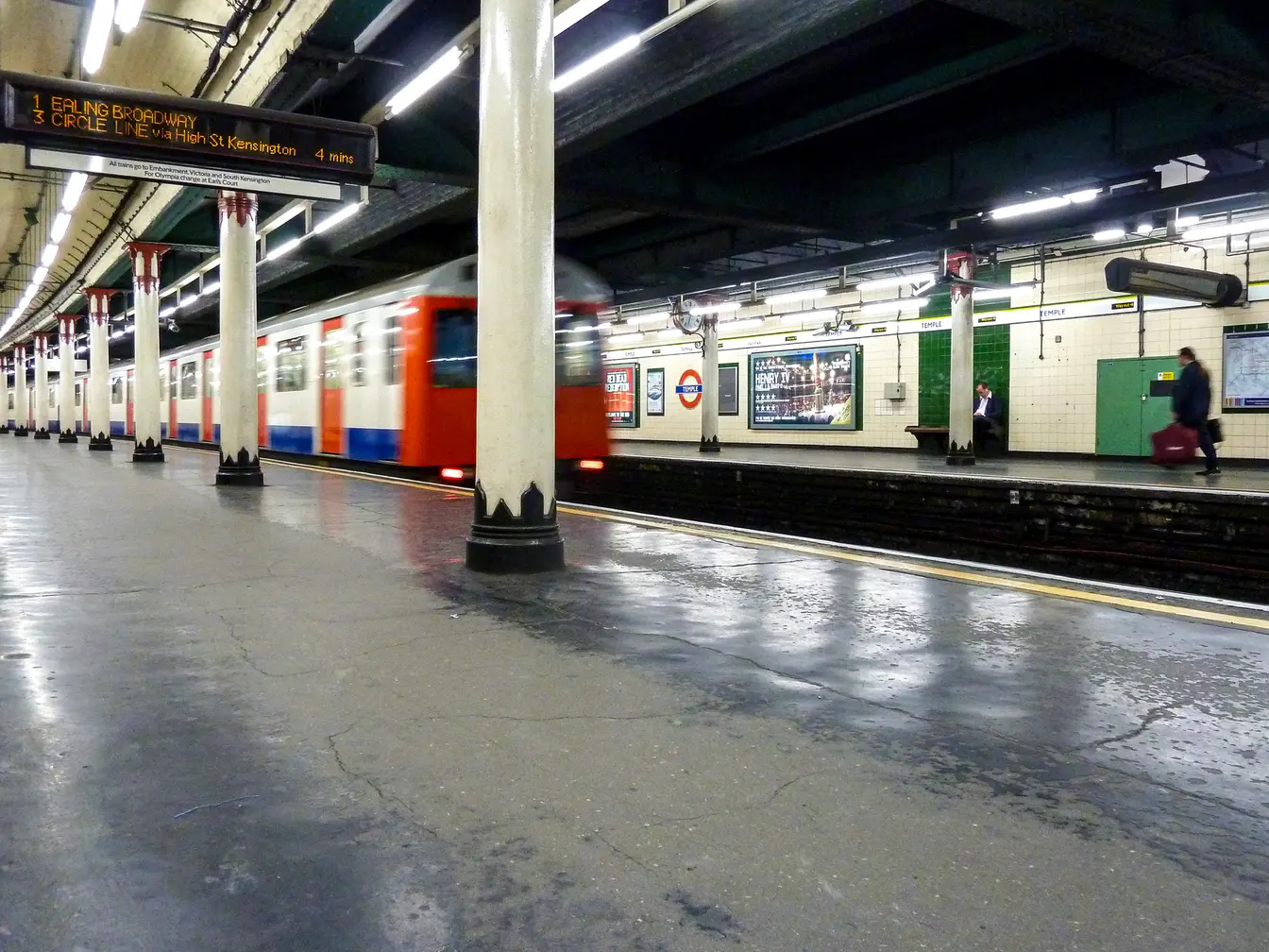 Underground train in London, at Temple station