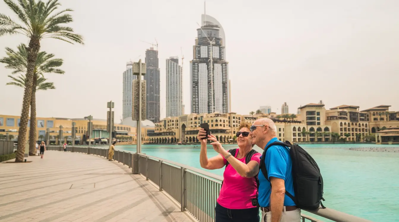 Couple de touristes prenant un selfie pendant leur voyage à Dubaï