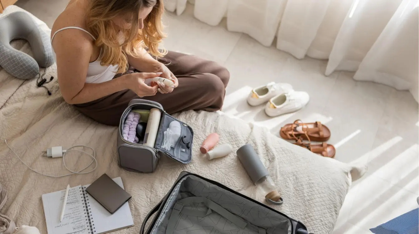 Mulher sentada na cama organizando nécessaire de higiene pessoal, com itens de toilete. Carregador, caderno com checklist e sapatos ao redor, com mala aberta ao lado.