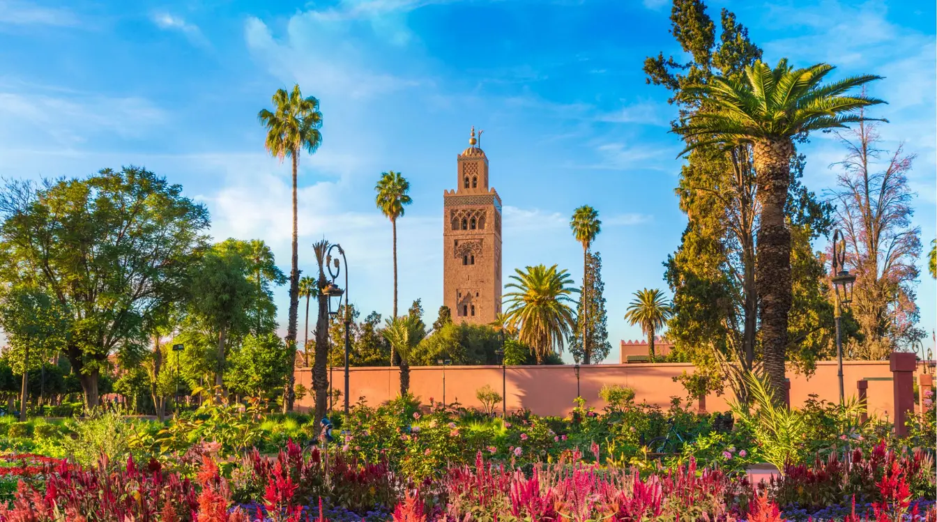 Mosquée de la Koutoubia entourée de palmiers et de jardins à Marrakech.