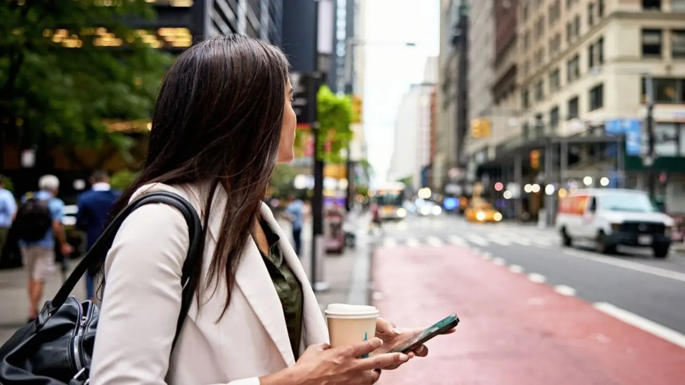 Voyageuse utilisant son smartphone dans une rue de New York