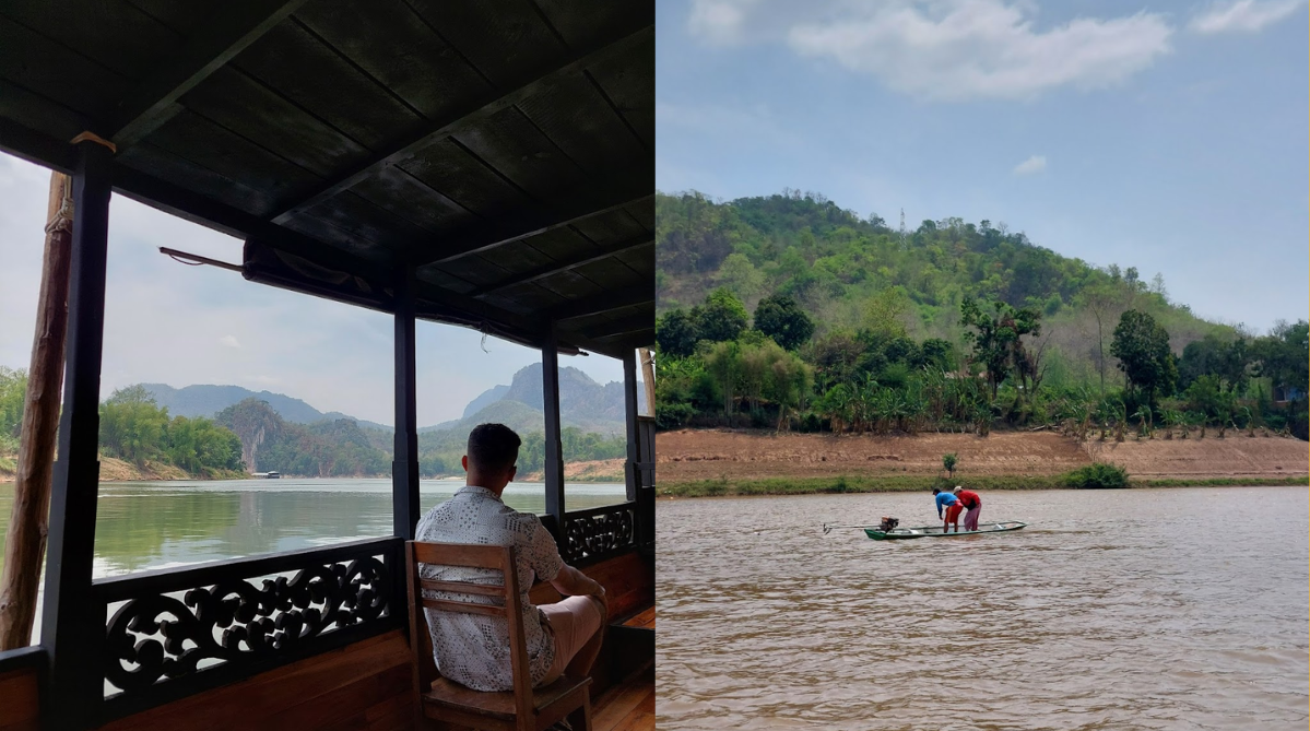 A man sitting in a wooden boat on a Mekong River ride (left) and two Laotian fishermen on the river (right)
