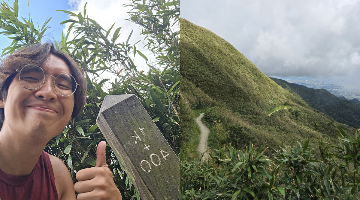 Man taking a selfie with a distance marker on the St Marian’s Trail.