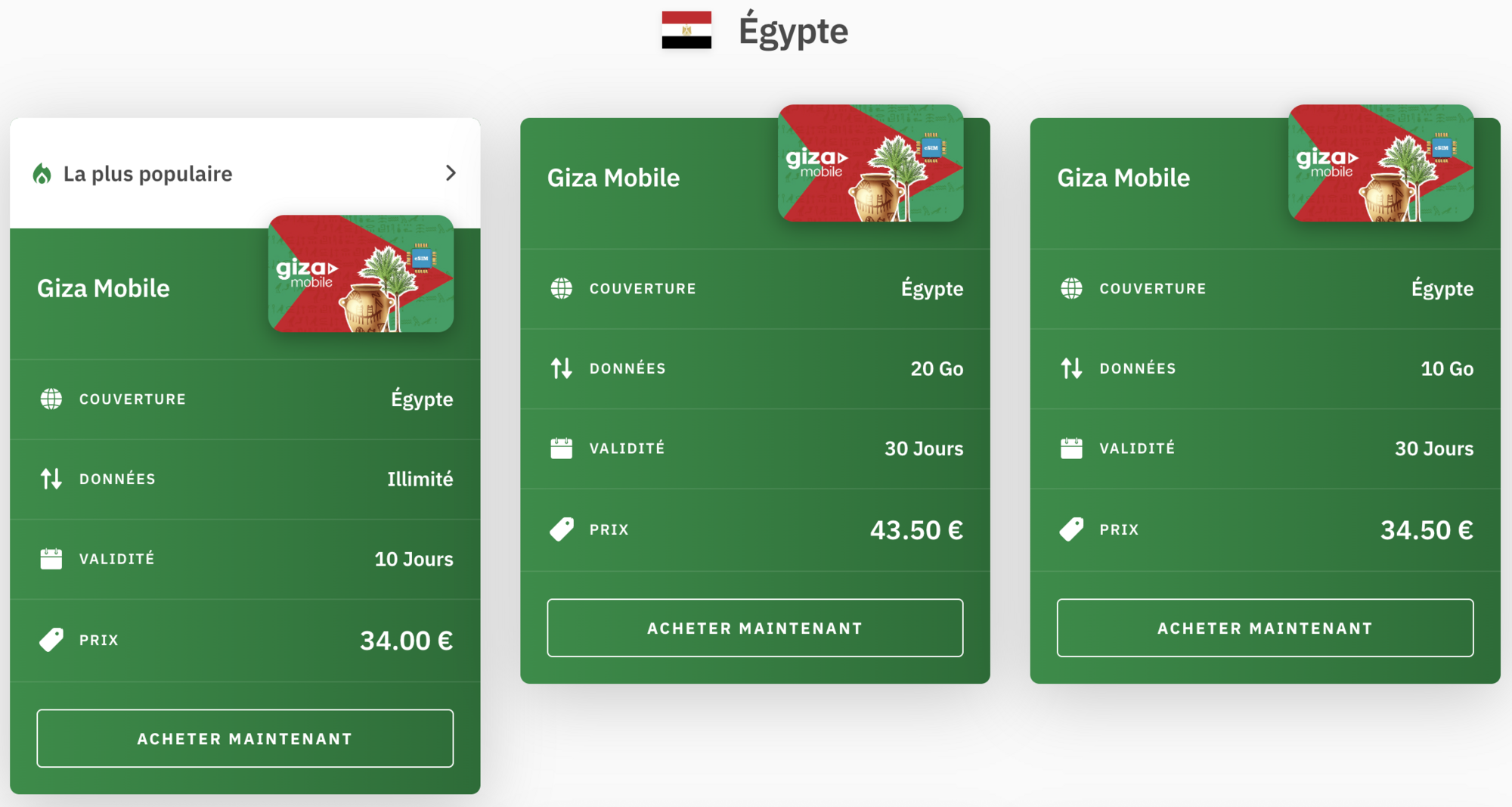 exemples de forfait esim prepayé pour l'Egypte avec airalo 
