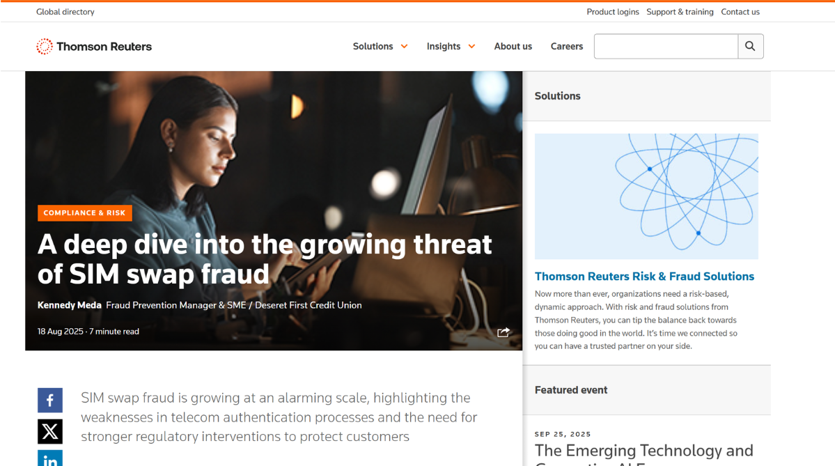 Thomas Reuters article on the impact of SIM swap fraud