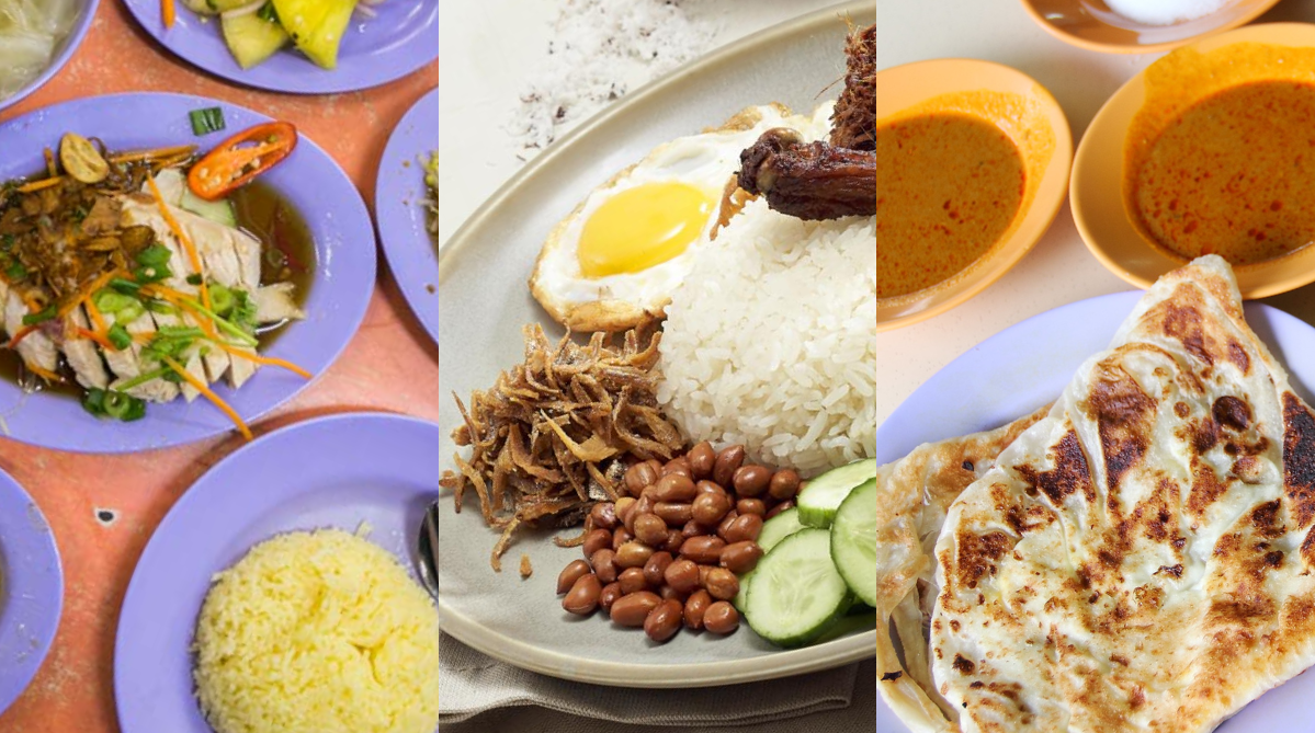 Hainanese Chicken Rice (left), Nasi Lemak (middle), and Roti Prata (right)