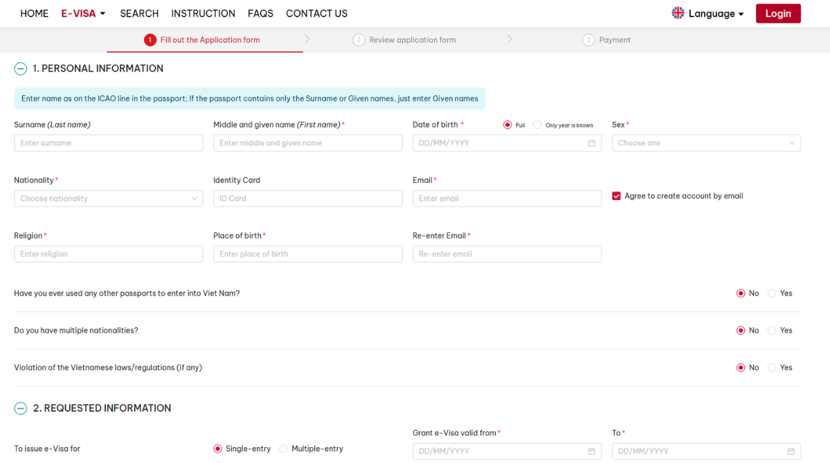 Vietnam's Electronic Visa application form
