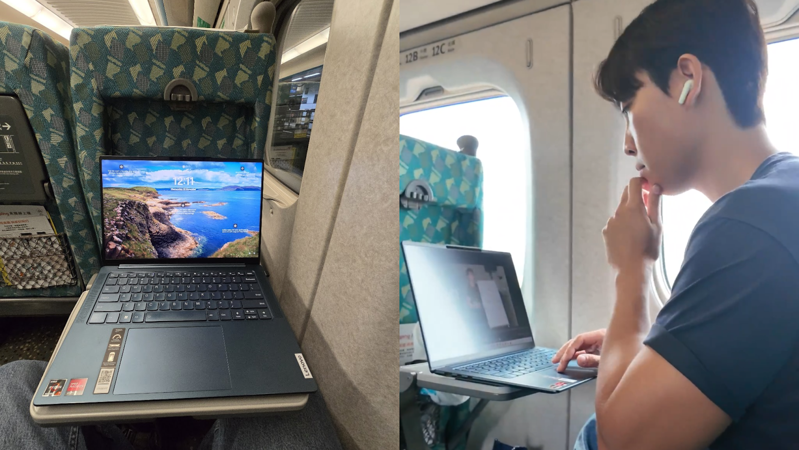 Laptop on Taiwan’s High Speed Rail (L) and man working on the High Speed Rail (R)