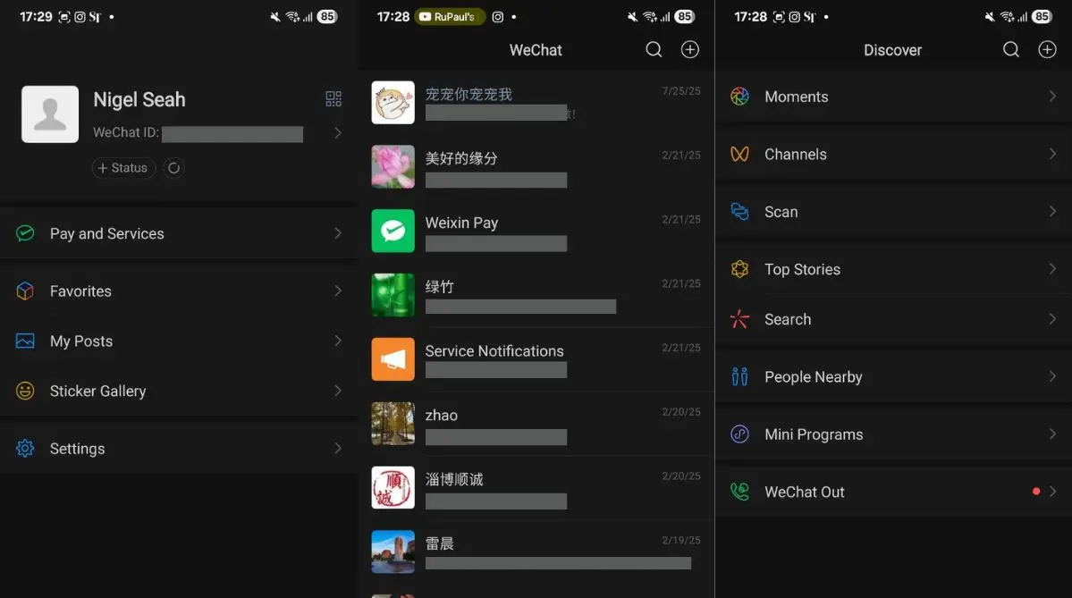 Capturas de pantalla de la app WeChat mostrando el perfil del usuario, la lista de chats y la sección de descubrir.