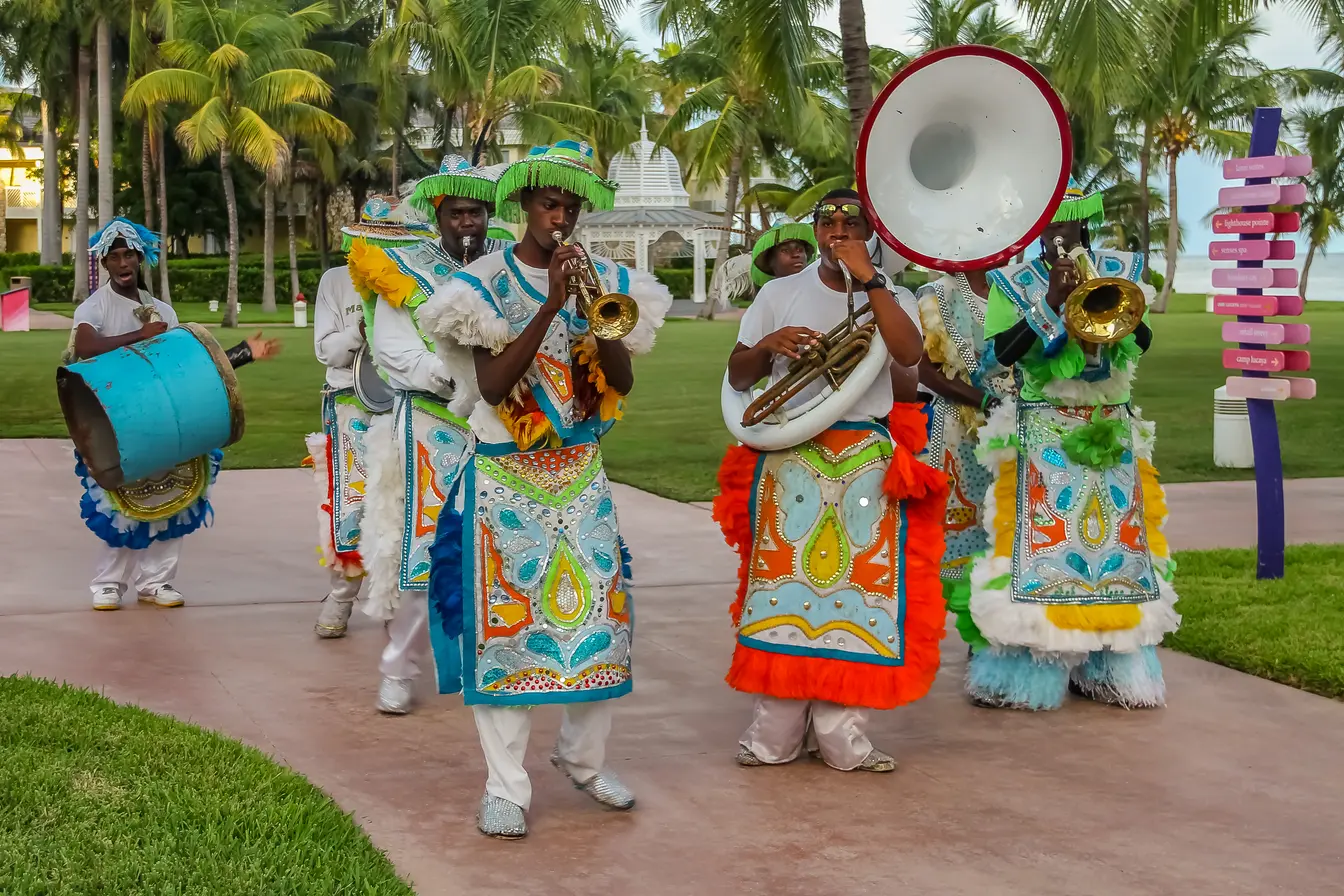 Junkanoo performers wearing colorful costumes at the annual street parade in Nassau, Bahamas.