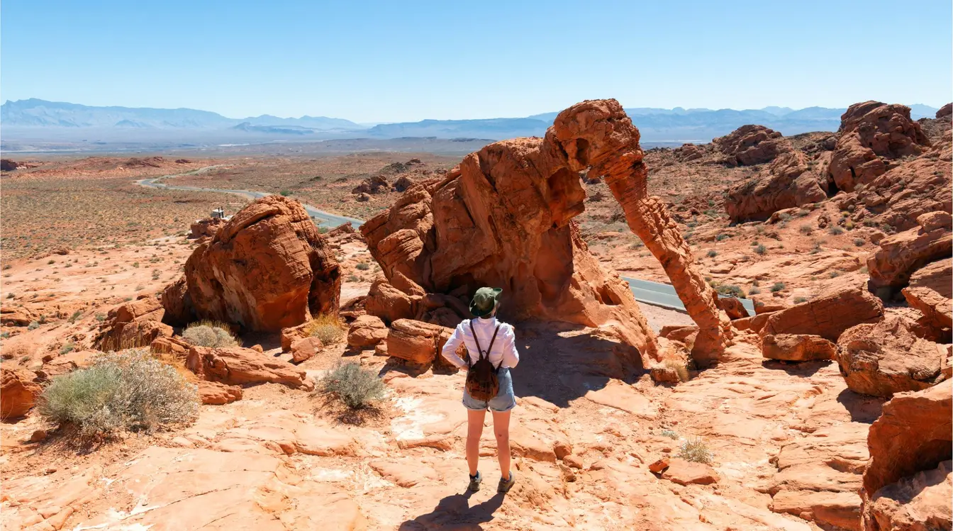 Persona de espaldas frente a formaciones rocosas rojizas en el desierto, bajo cielo despejado, en Valley of Fire.