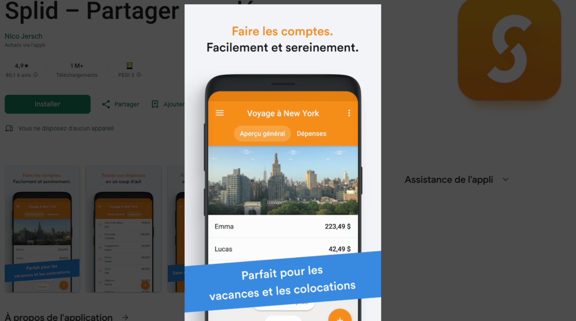 L’application comptes entre amis gratuite Splid sur Google Play en français, capture d'écran avec des exemples de dépenses