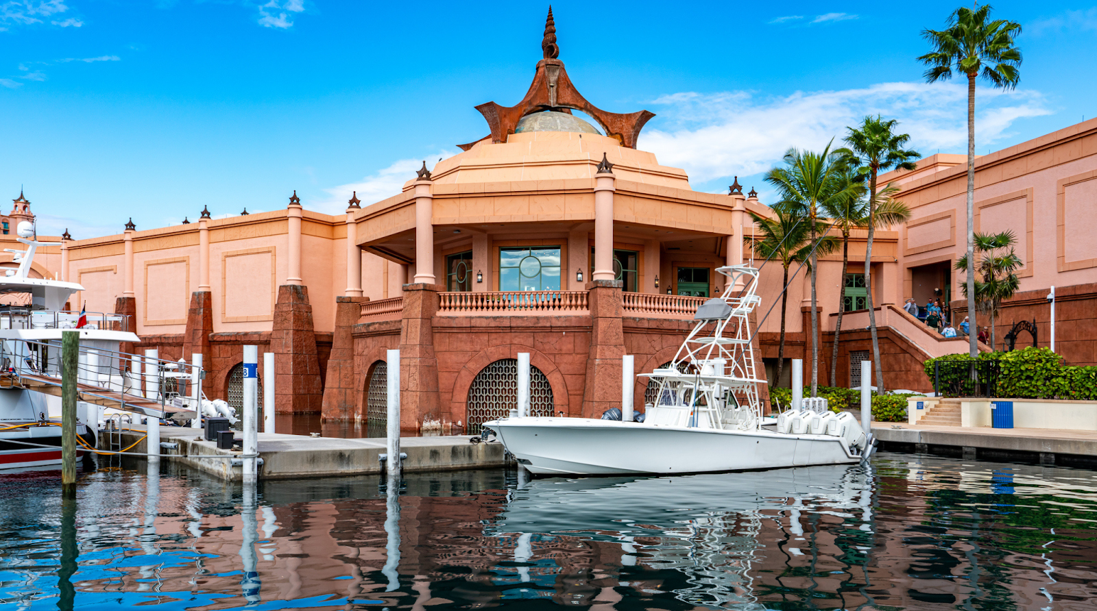 White boat in the waters of Paradise Island, near Nassau, The Bahamas