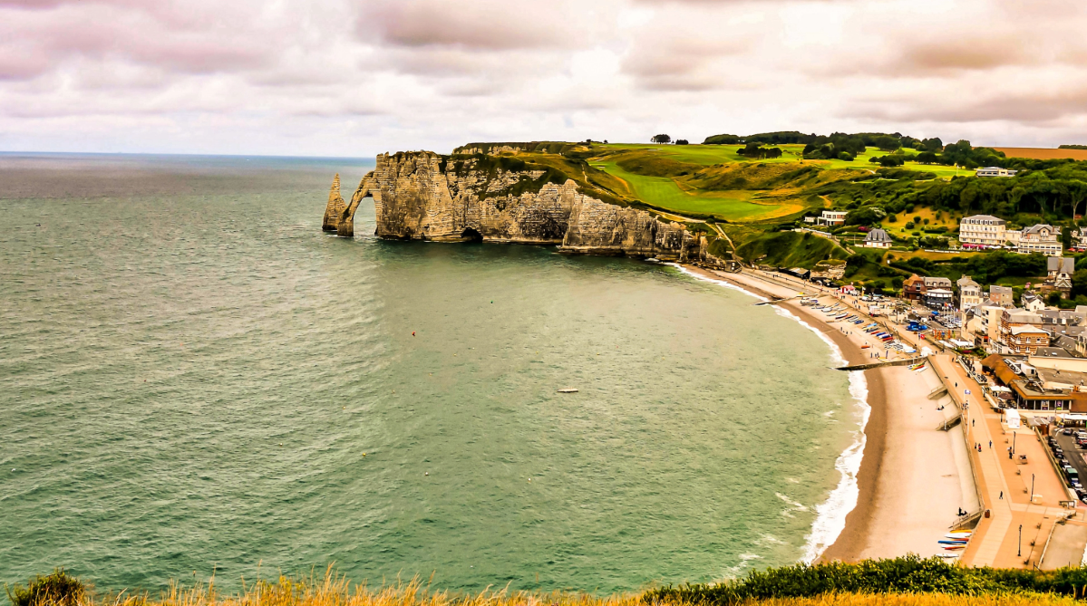 Aerial view of a beach in Normandy, France