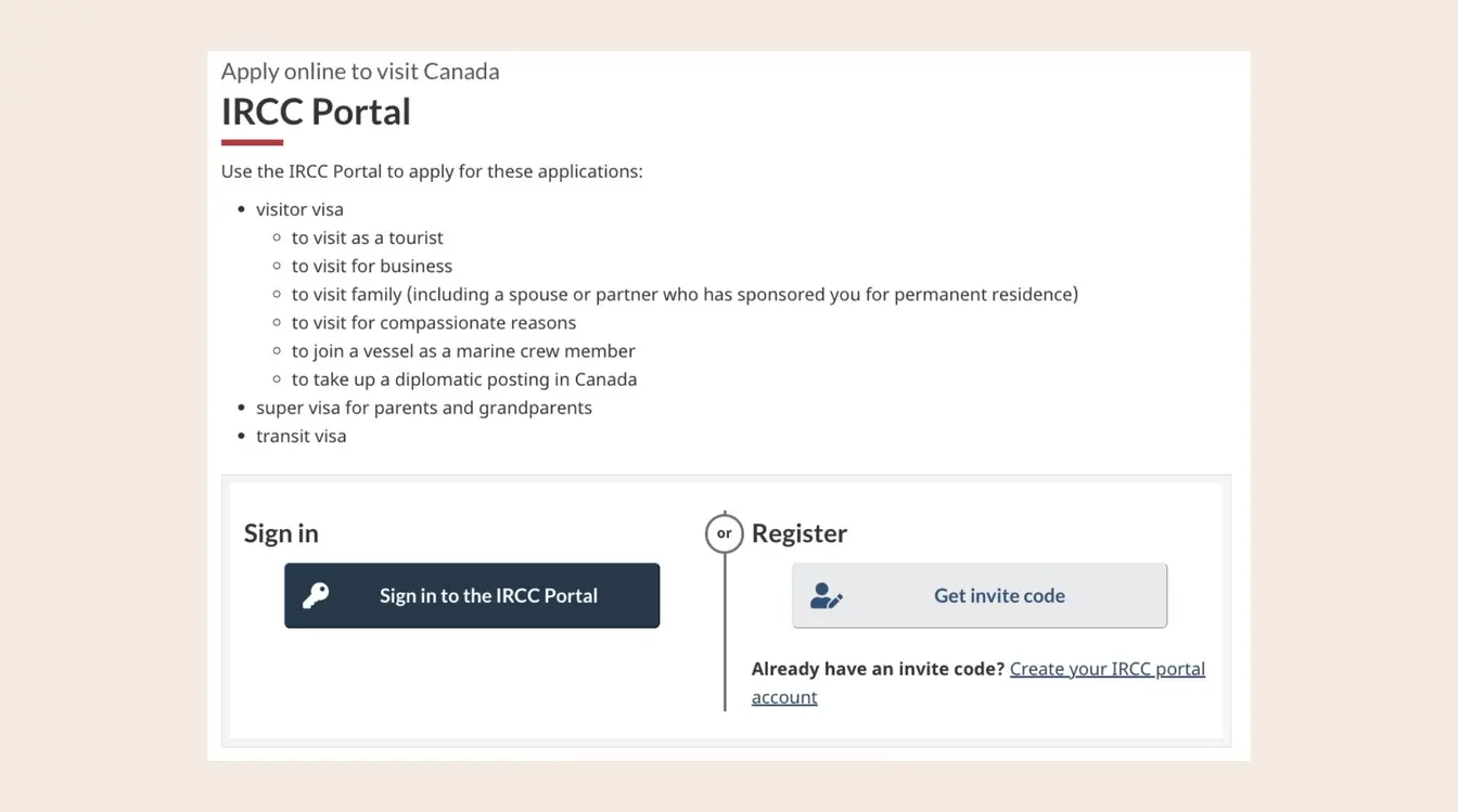 Reprodução do site oficial do governo canadense, portal IRCC. Fazer login ou registrar nova conta.