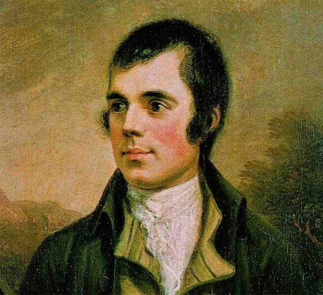 An image of the famous Alexander Naysmyth oil painting of the Scottish poet Robert Burns. He is wearing a dark coat and white cravat against a landscape background. to illustrate a blog post entitled 'What is Burns Night and How to Celebrate It'.