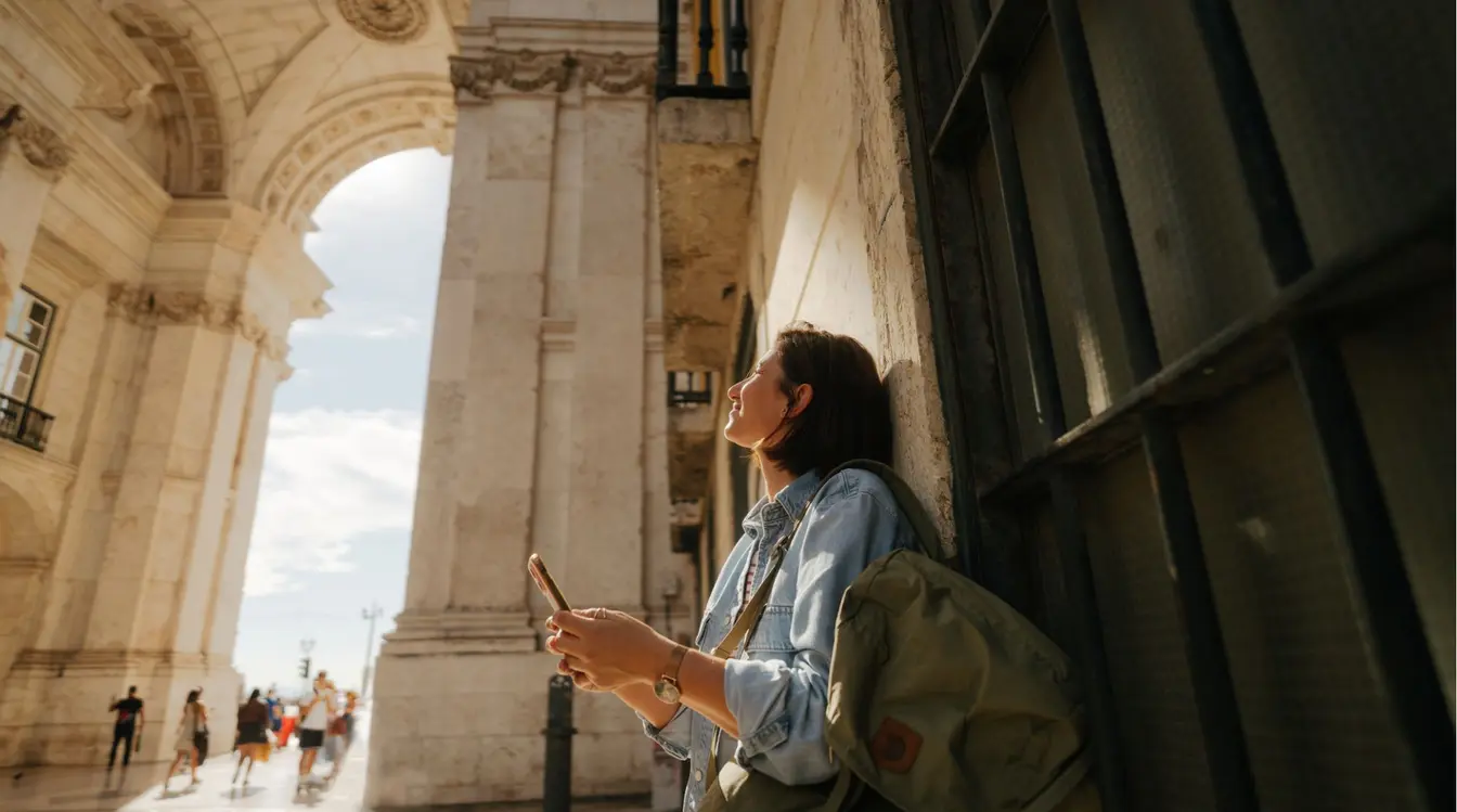 Turista apreciando a arquitetura local em Lisboa.
