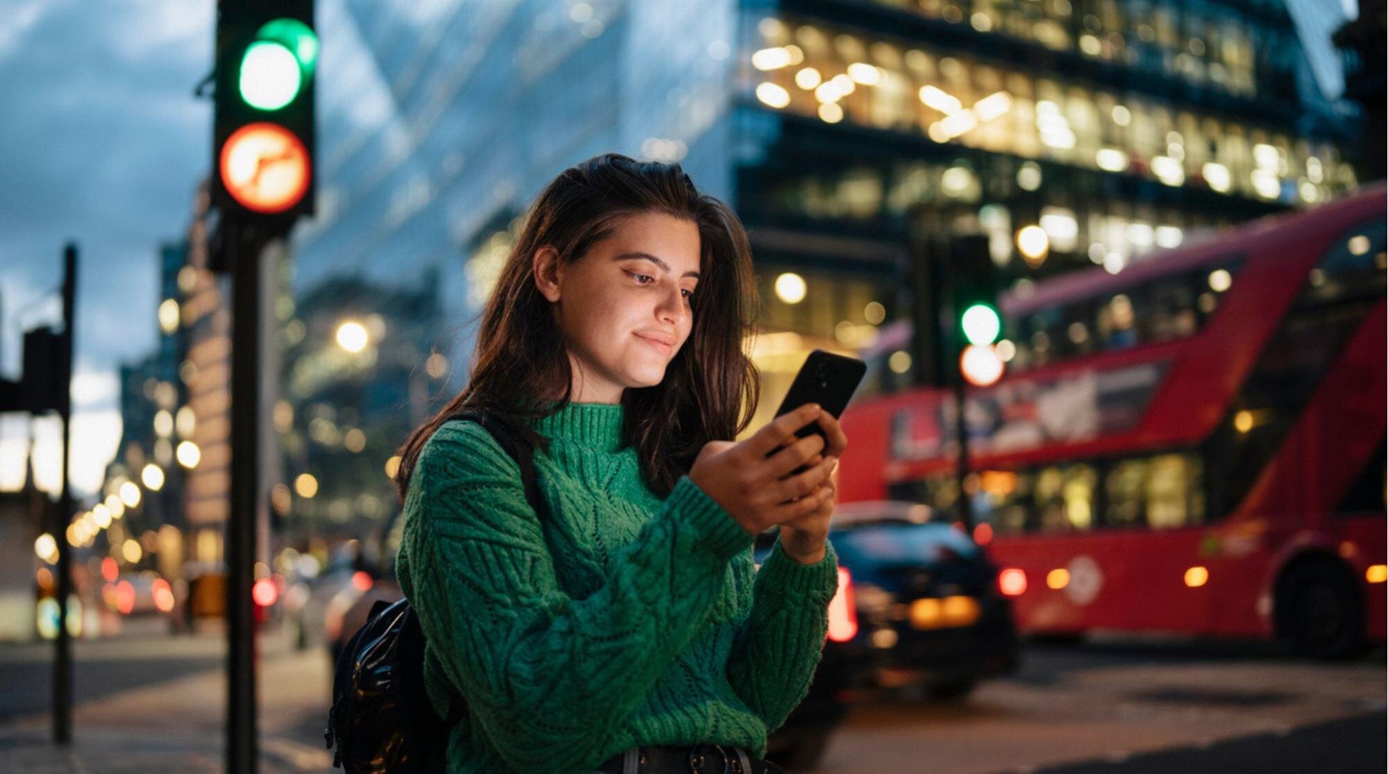Jovem viajante utilizando celular nas ruas de Londres ao anoitecer.