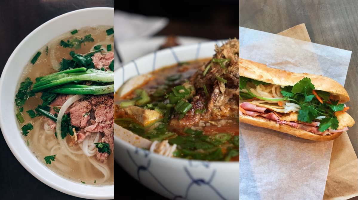 Phở (left), bún riêu (middle), and bánh mì
