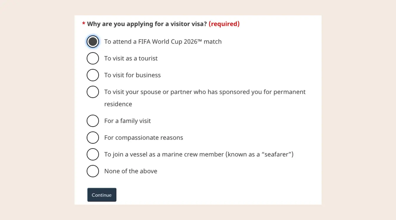Reprodução do site oficial do governo canadense. Questionário sobre justificativa da viagem