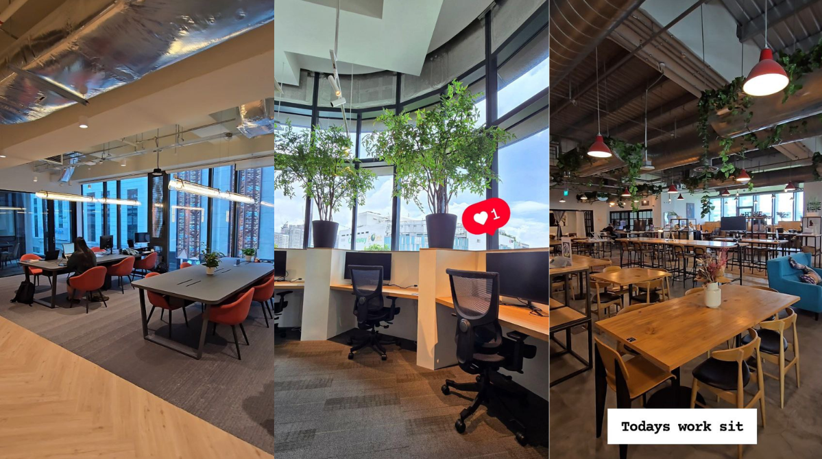 JustCo (left), N9 (middle), and The Hive (right) coworking spaces in Singapore