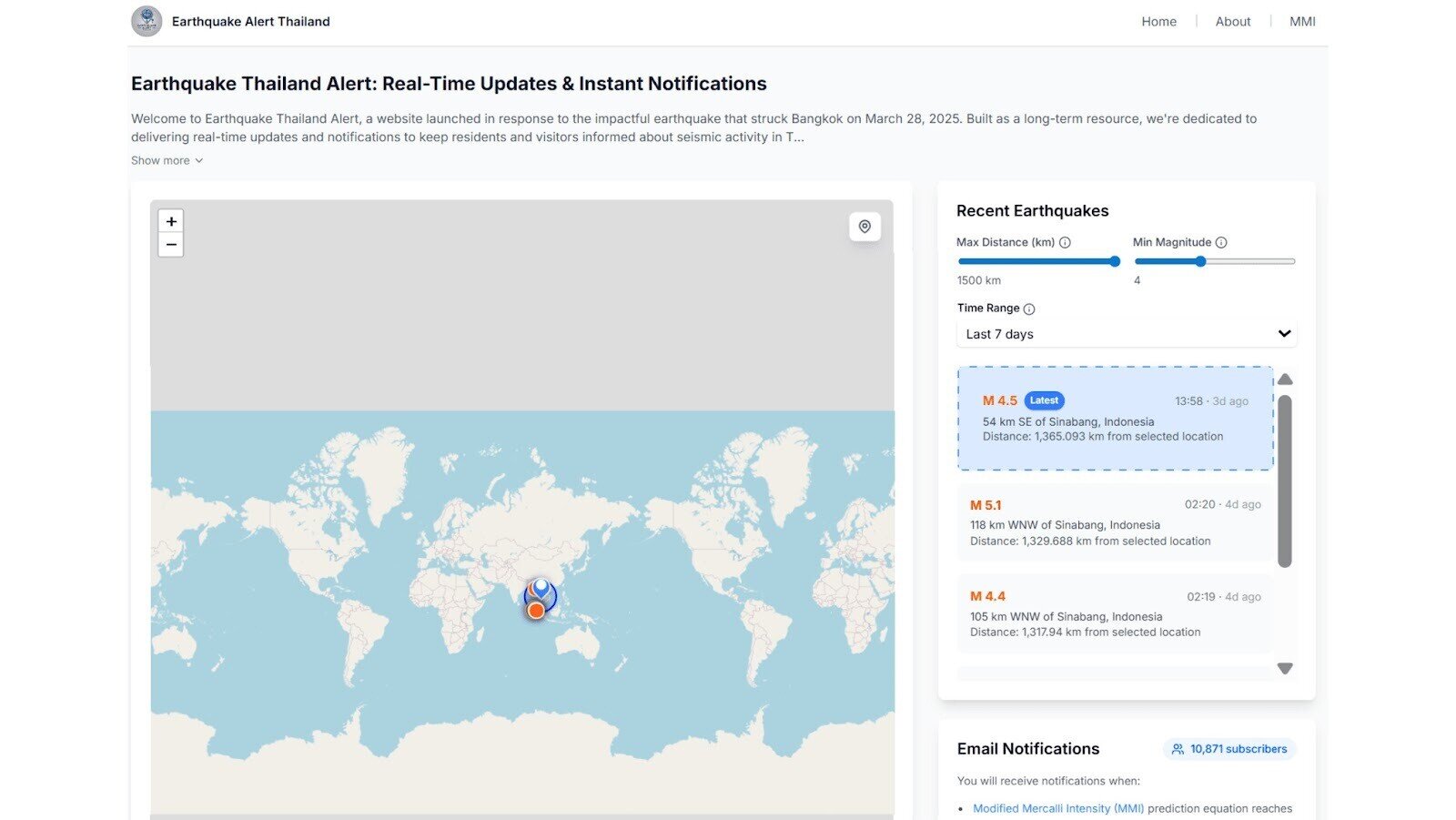 A screenshot of Thailand's earthquake alert system user interface