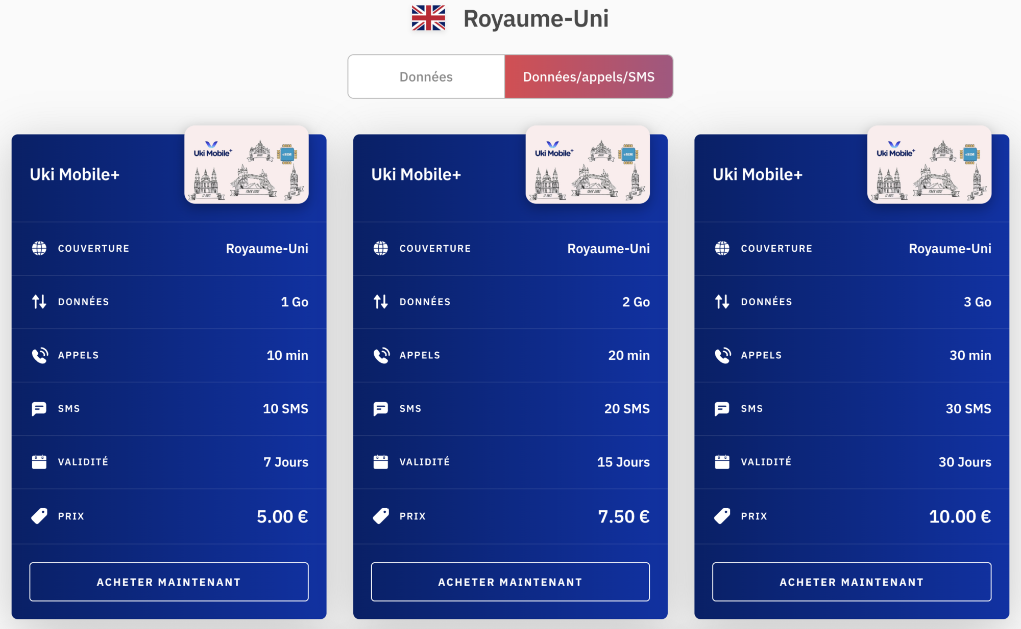 forfaits esim avec data, appels et sms pour le royaume uni (angleterre) avec Airalo