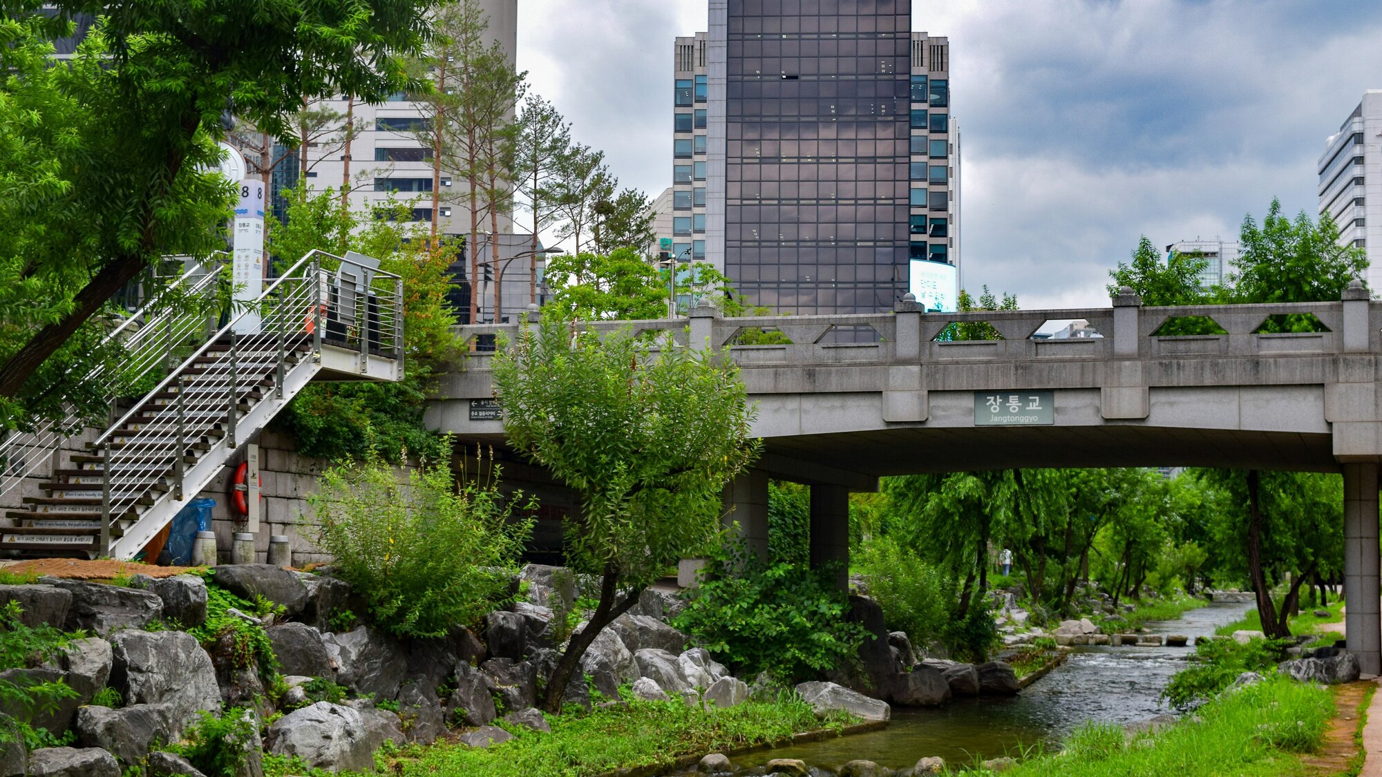 Cheonggyecheon Stream flows peacefully beneath a city bridge in Seoul
