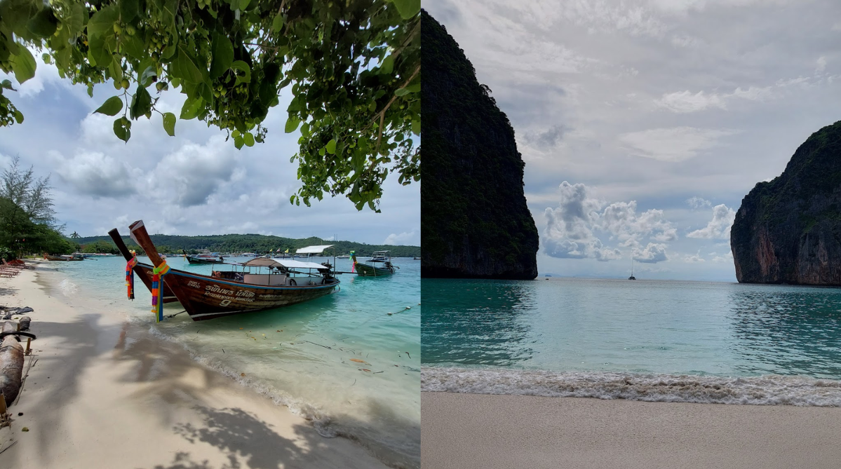 A boat docked on the beach of Koh Phi Phi (left) and Maya Bay (right)
