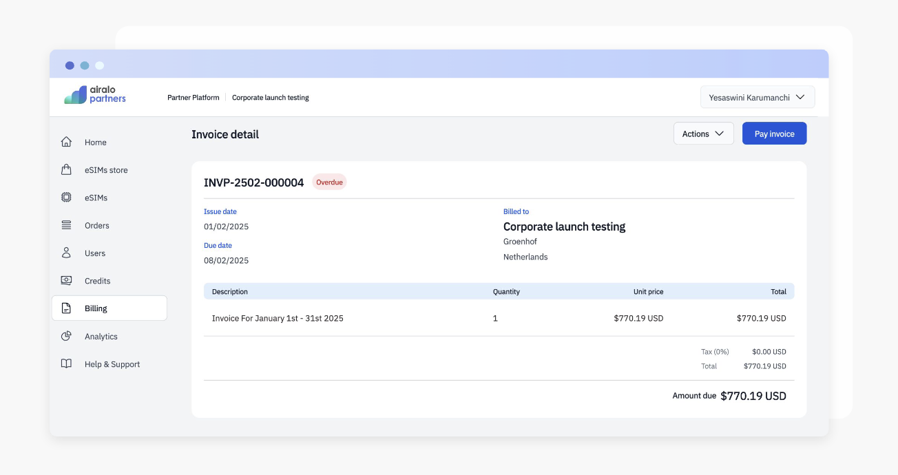 Airalo for business 請求書の一括管理
