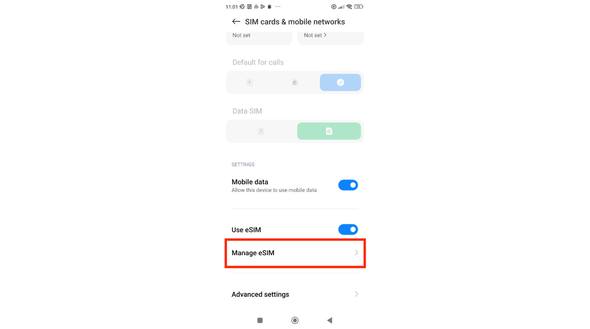 User interface (UI) of a Xiaomi phone eSIM management section