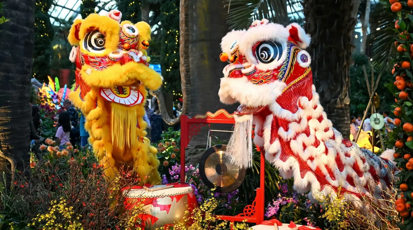 Yellow and red lion dance costumes at Gardens by the Bay to celebrate Lunar New Year in Singapore.
