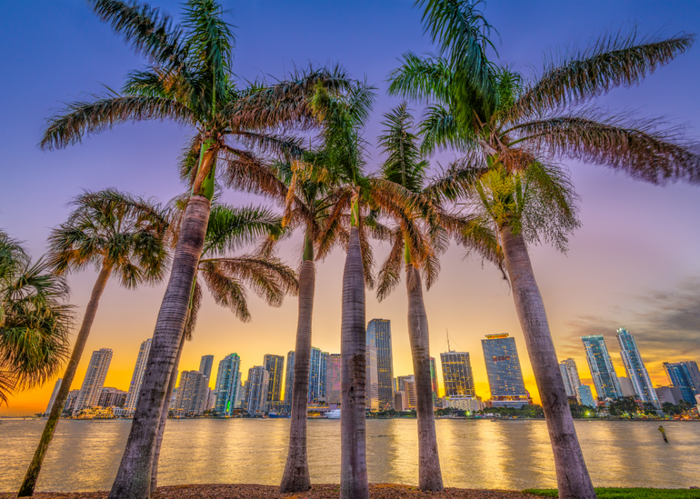 Miami Beach skyline as seen from across the water at dusk.