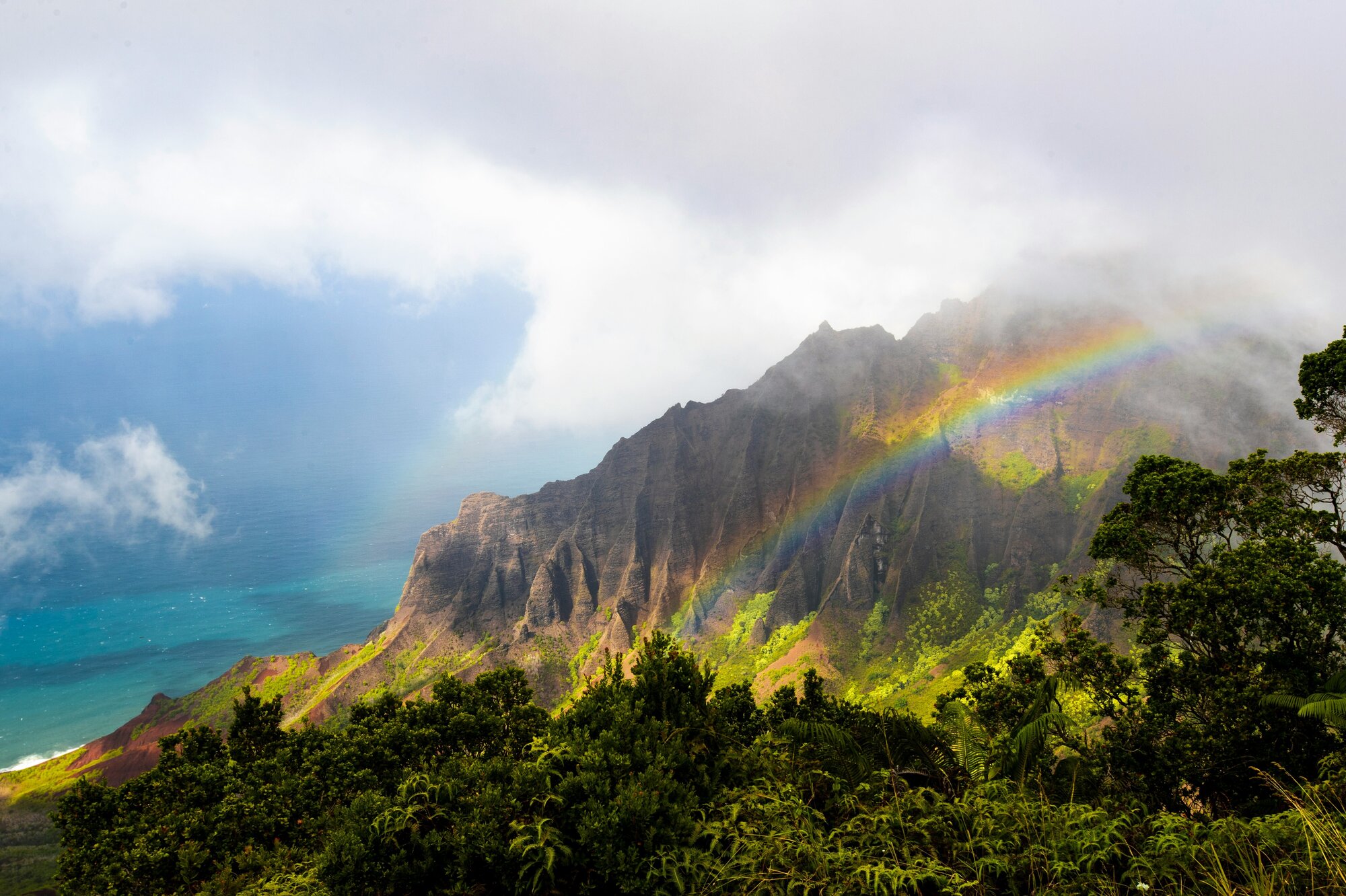Kauai cliff by the water with a rainbow