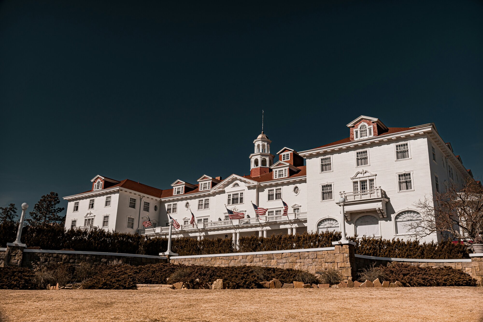 The Stanley Hotel in Colorado, a white and red building