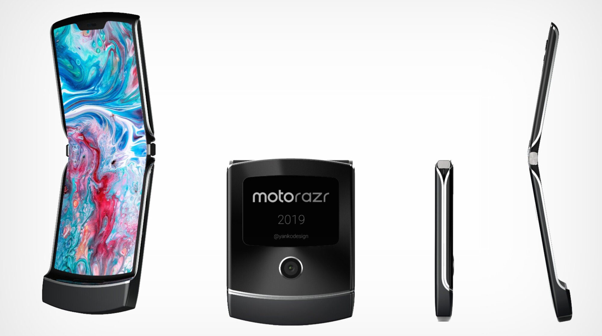 Vista frontal, lateral y abierta del Motorola Razr 2019