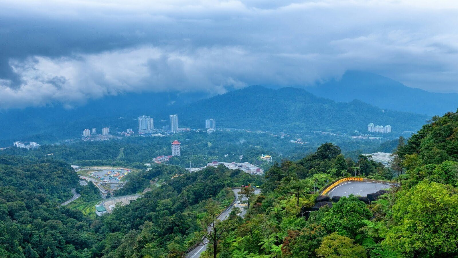 Aerial view of high rise city buildings, green trees and blue clouds during daytime