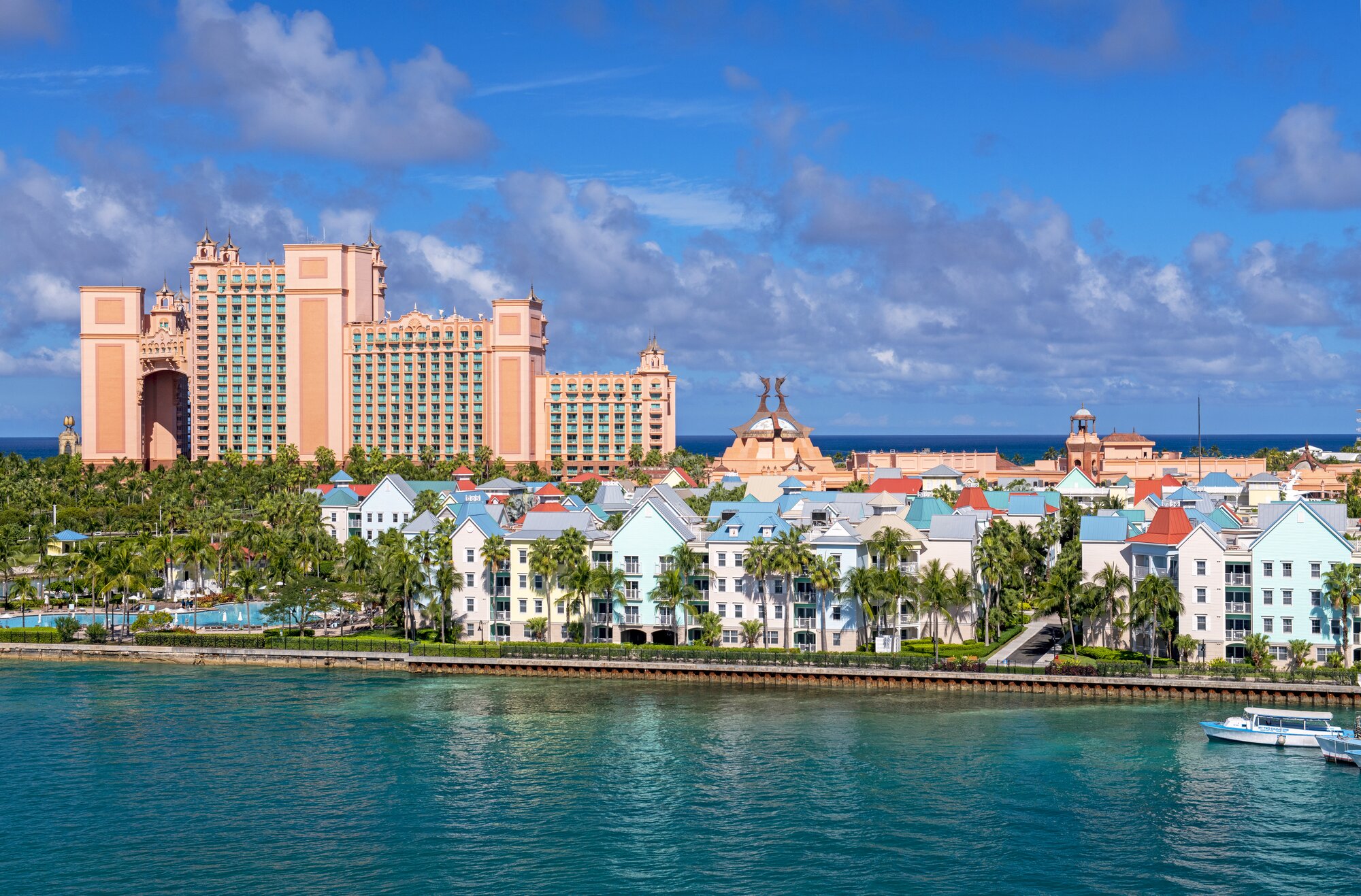 Paradise Island in the Bahamas, with hotels and apartment buildings by the water
