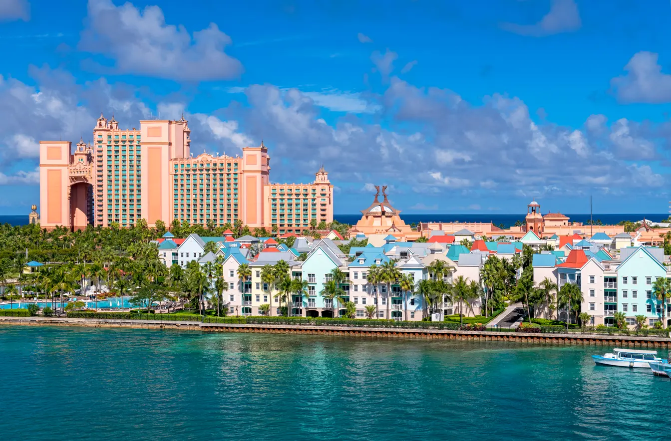Paradise Island in the Bahamas, with hotels and apartment buildings by the water