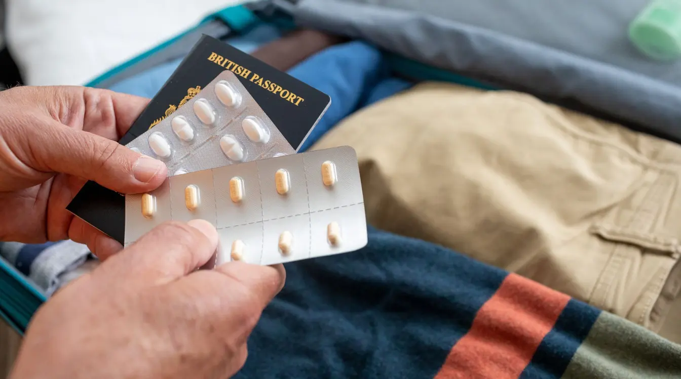 Close-up of hands holding two packs of pills and a passport over an open suitcase.