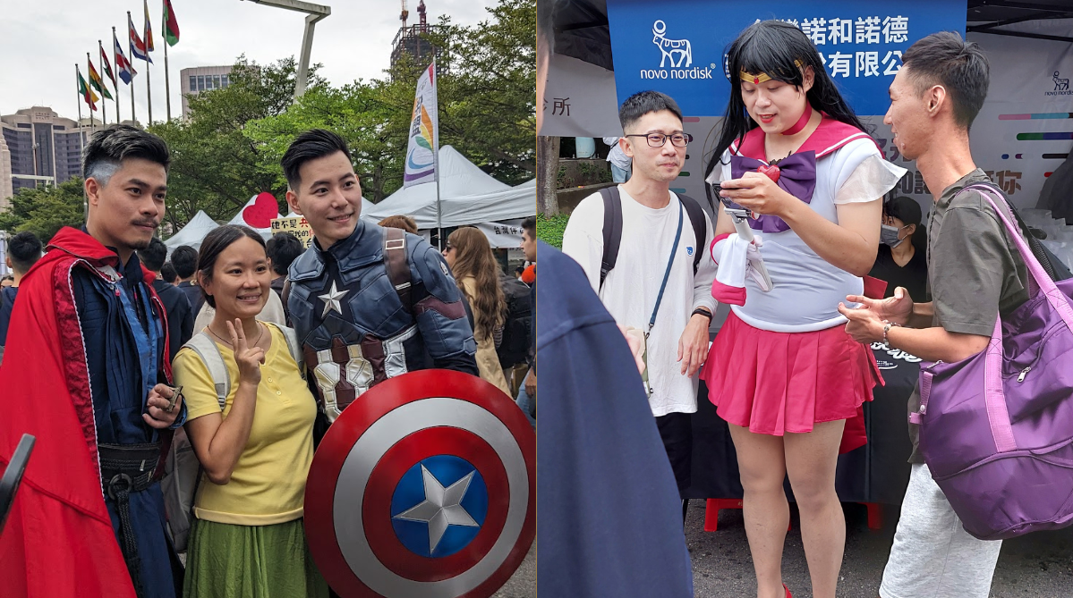 People dressing up as Marvel (left) and Sailor Moon (right) characters.