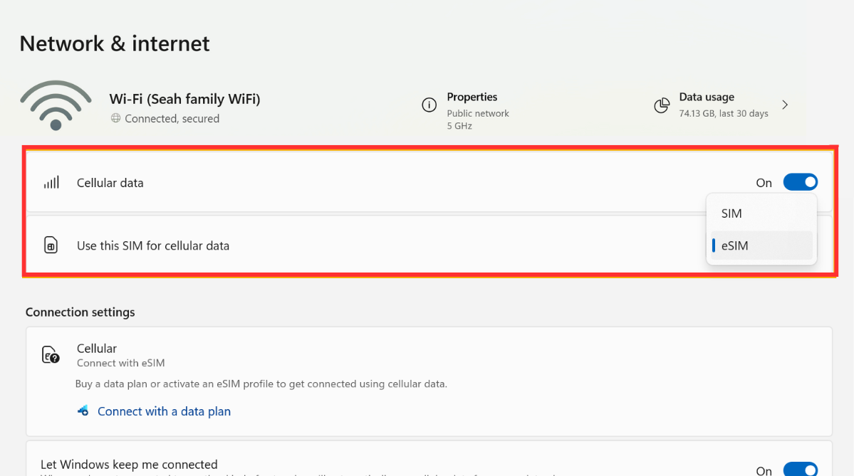 Cellular settings on a Windows Laptop