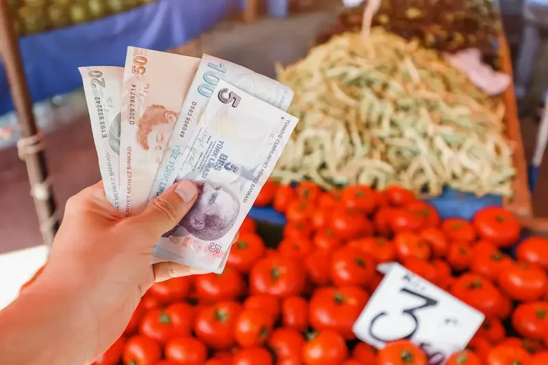 Voyageur payant en livres turques auprès d’un vendeur de street food en Turquie.