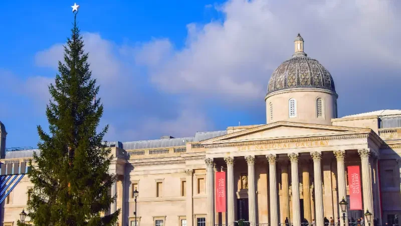 The tall spruce tree gifted from Norway to the UK every year, standing in front of London's National Gallery