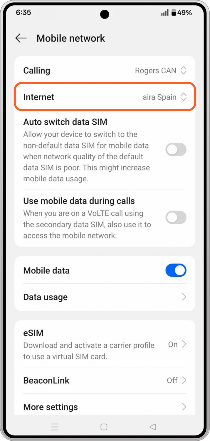 Cellular data line Android