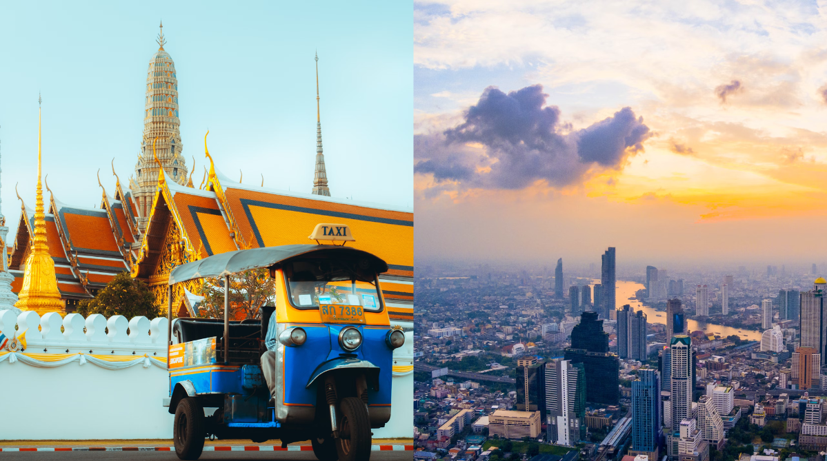 A tuktuk in front of a Buddhist temple (left) and an aerial view of skyscrapers (right)
