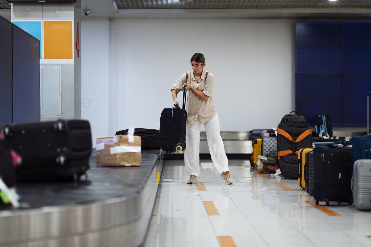Woman grabbing her suitcase from the carousel at the airport
