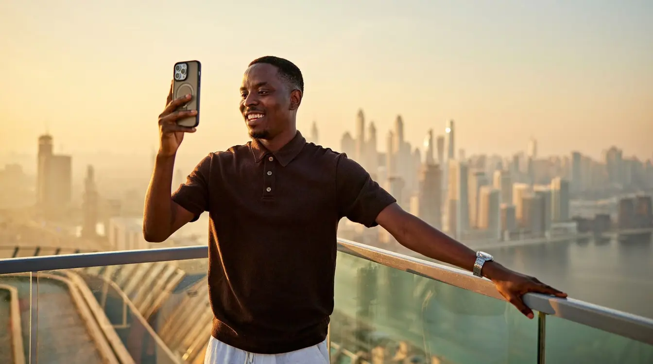 Touriste prenant une photo depuis The View at The Palm à Dubaï