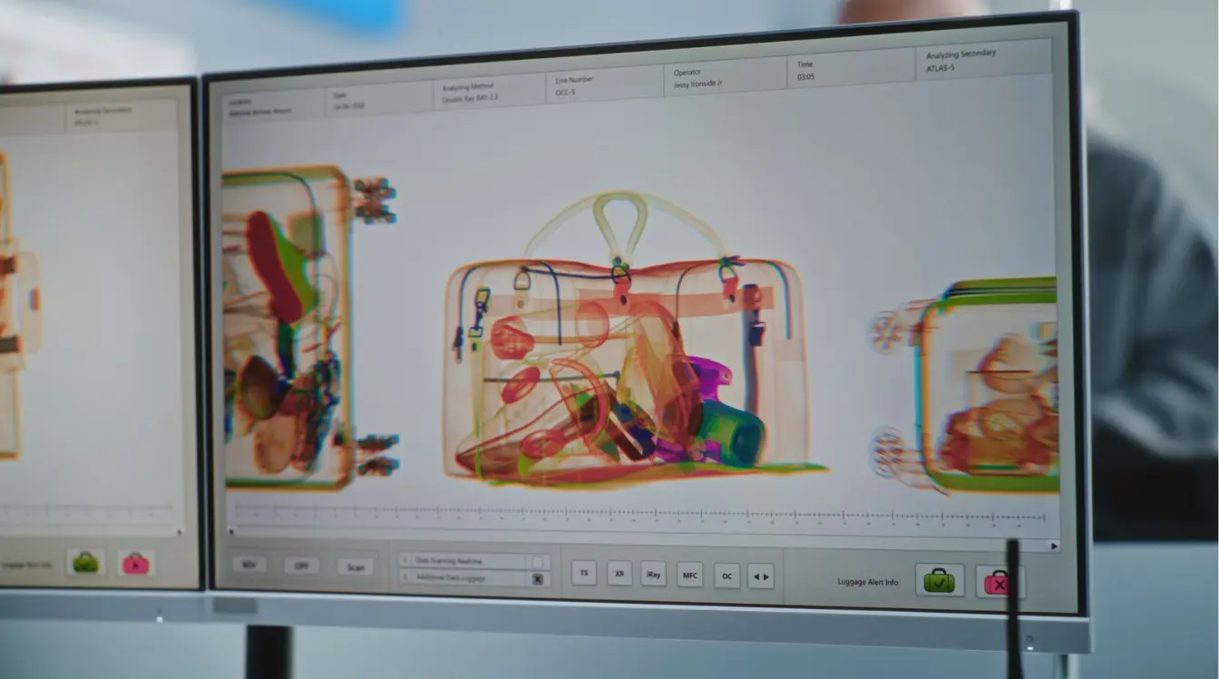 Tela de computador exibindo a imagem de raio-x de uma mala de mão passando pela segurança do aeroporto, mostrando contornos coloridos de objetos em seu interior.
