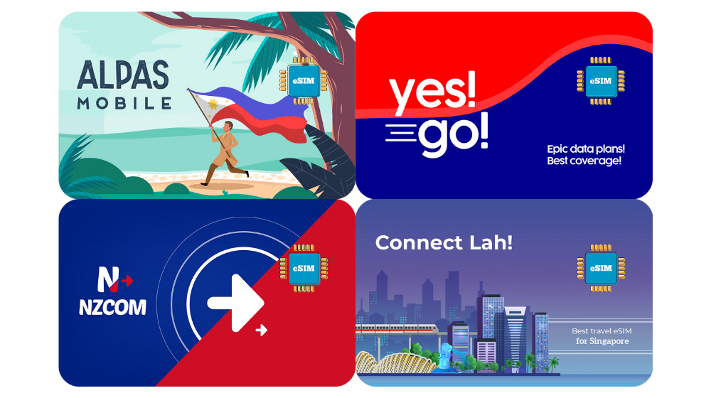 Airalo’s Philippine (top-left), Australia (top-right), New Zealand (bottom-left), and Singapore (bottom-right) eSIMs